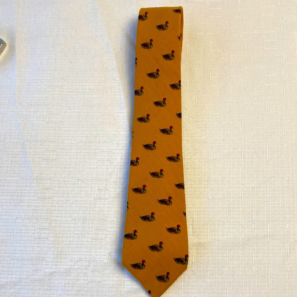 Rooster Brand Tie.  Popular mustard color with wood ducks in red/muted feathers